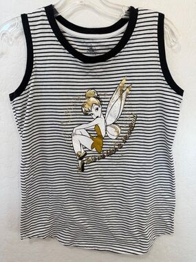 Disney Womens Glitter Gold Tinker Bell Neverland Striped Ringer Tank Top Black L